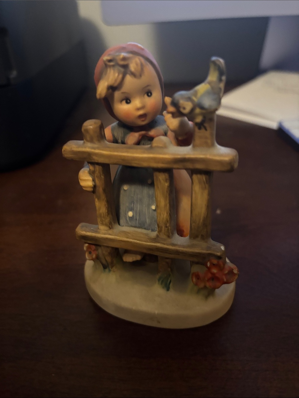 Goebel Figurine of Girl in Blue Dress with Red Headscarf and Bird
